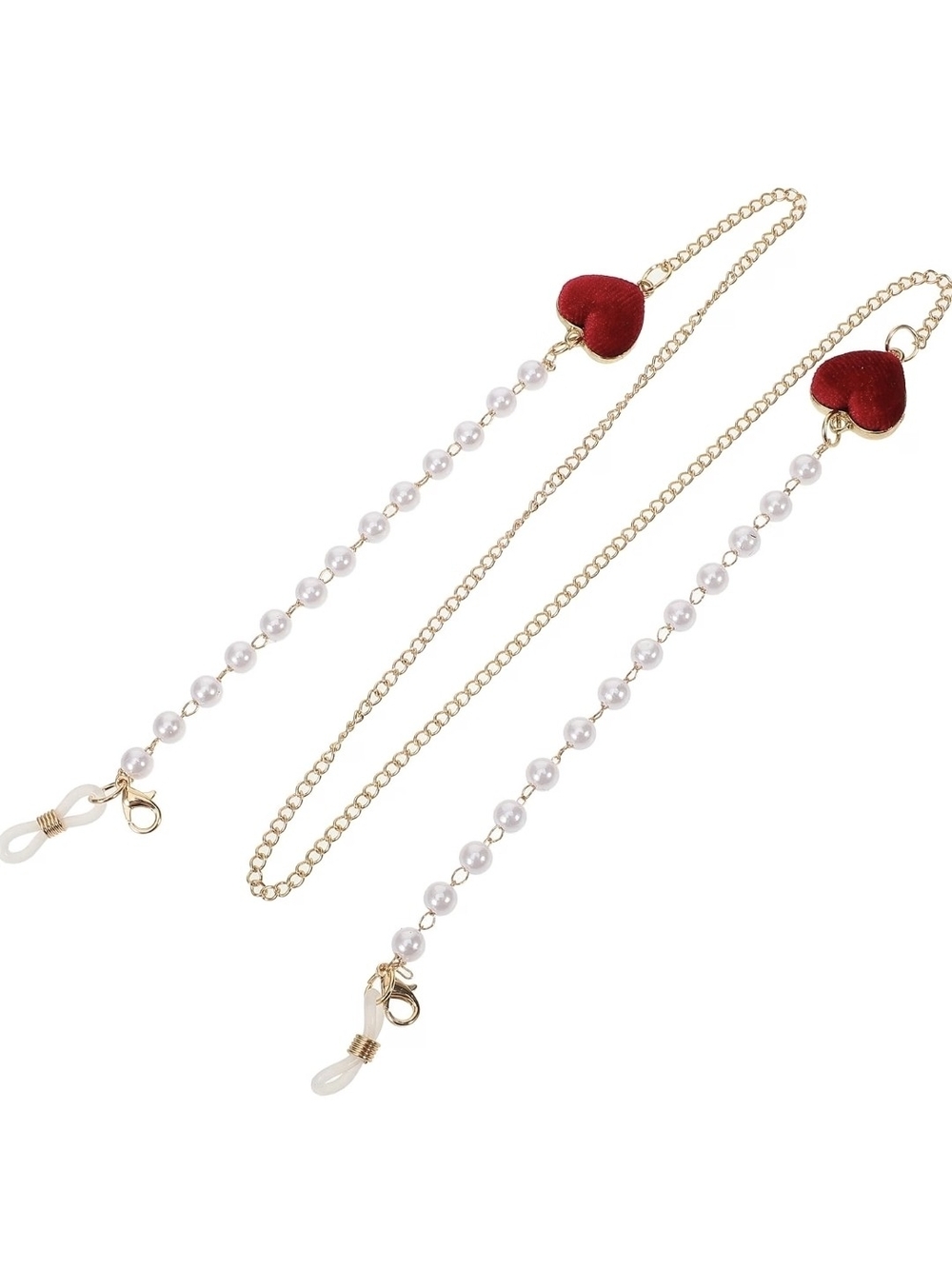 Gold Pearl Glasses Chain with Red Heart Accents